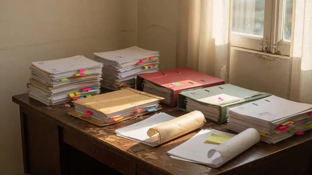 Expedientes y permisos apilados sobre un escritorio